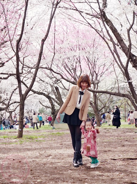 Little-big-boss and I posing for sakura blossom in Showa Kinen Park 昭和記念公園の桜