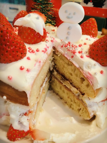Christmas Strawberry Pancake Cake sliced!