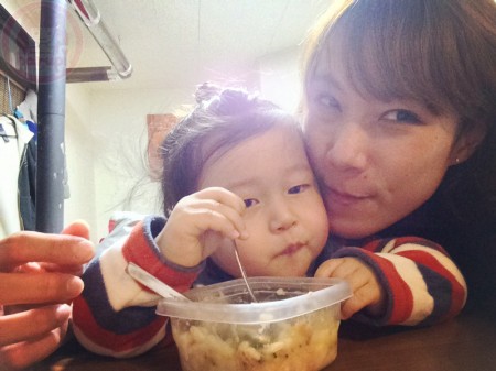 Little-big-boss eating udon lunch by mommy