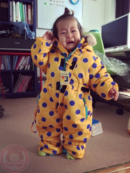 Little-big-boss trying out his new snow-suit but not too happy about it (^^;