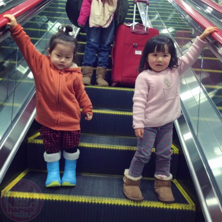 Little-big-boss and Yuki-chan at the escalator