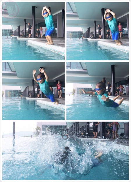 Little-big-boss jumping into the pool