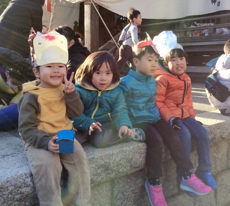 Together with friends joining the Setsubun event at the temple